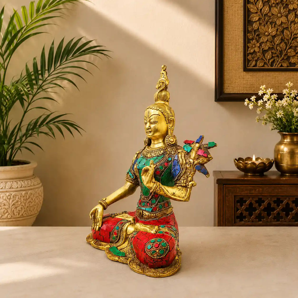 Brass Stone work Sitting Tara Devi Idol (11 Inch) Vedansh Craft