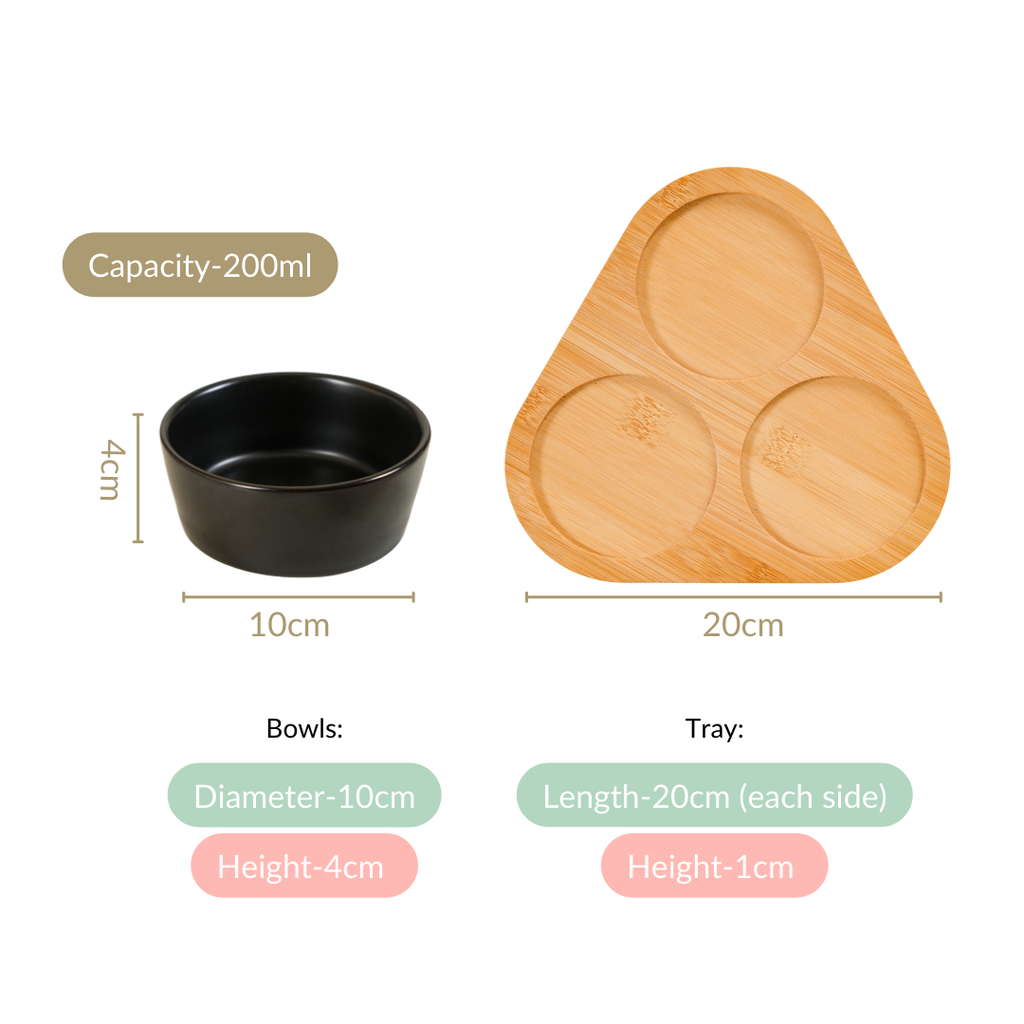 Black Ceramic Bowls Set Of 3 With Bamboo Tray 200ml Nestasia