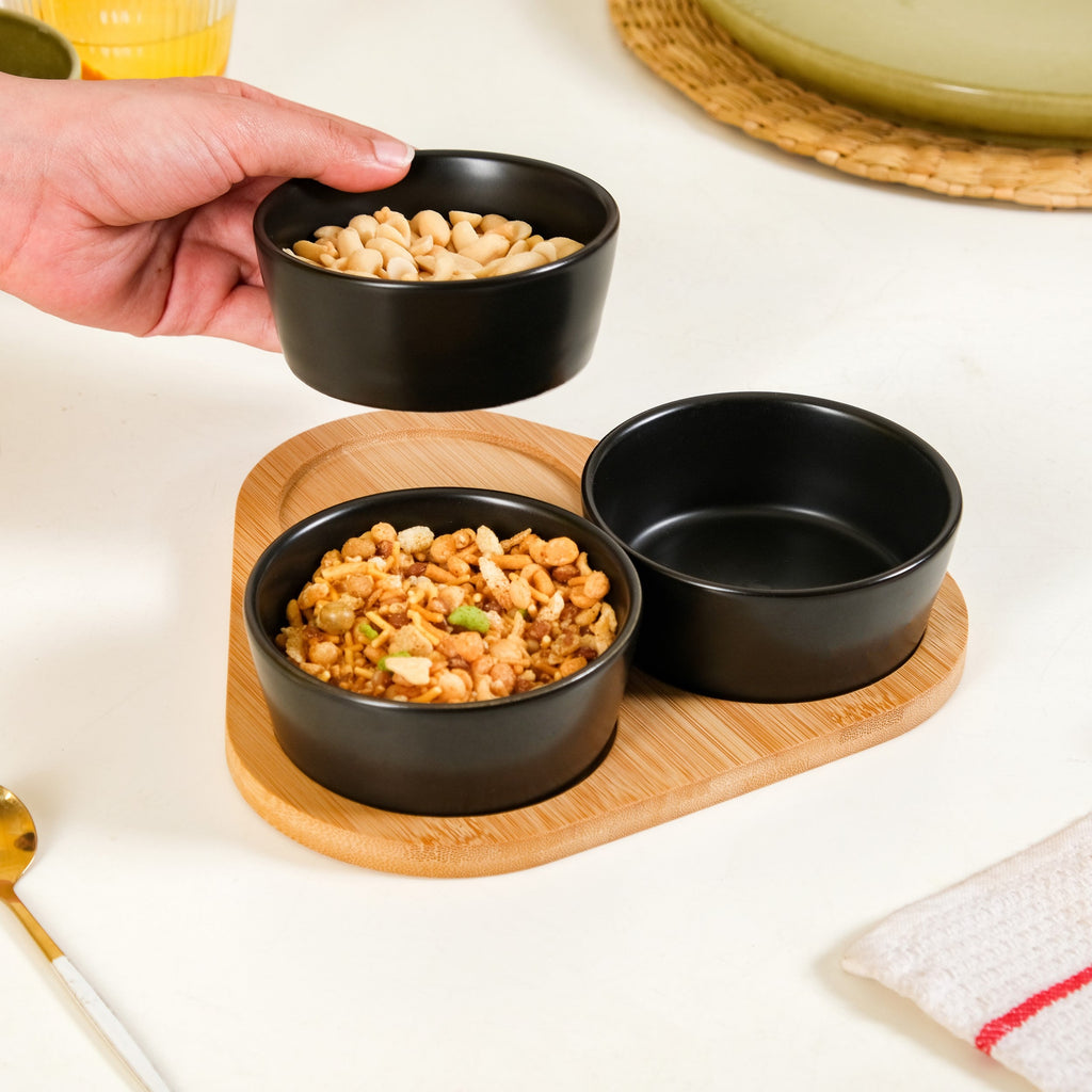 Black Ceramic Bowls Set Of 3 With Bamboo Tray 200ml Nestasia