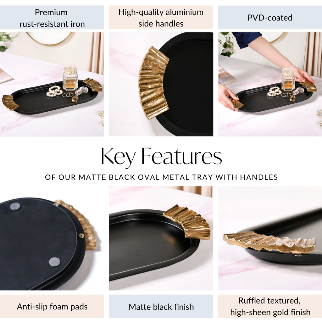 Matte Black Oval Metal Tray With Handles Nestasia
