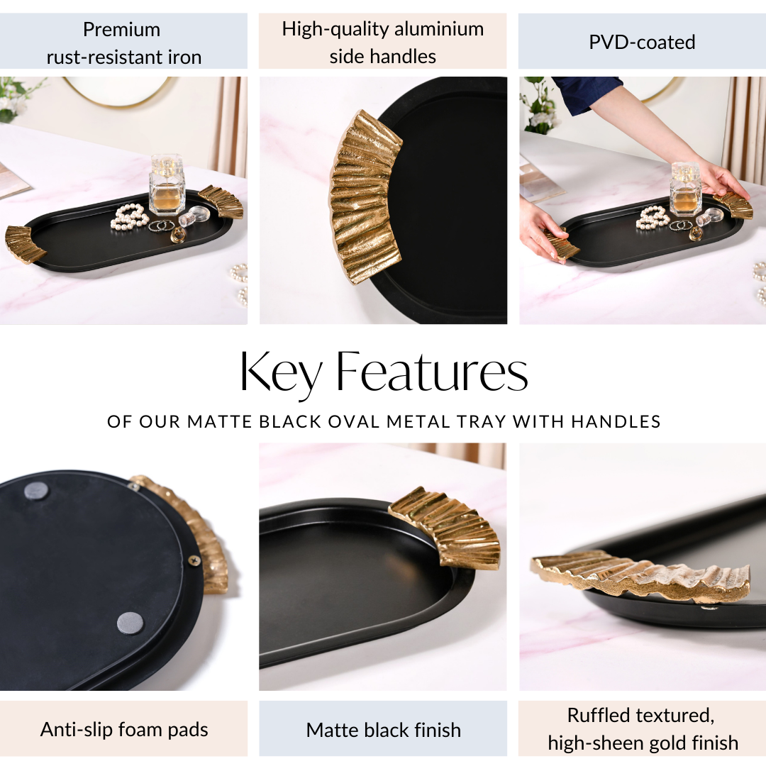 Matte Black Oval Metal Tray With Handles Nestasia