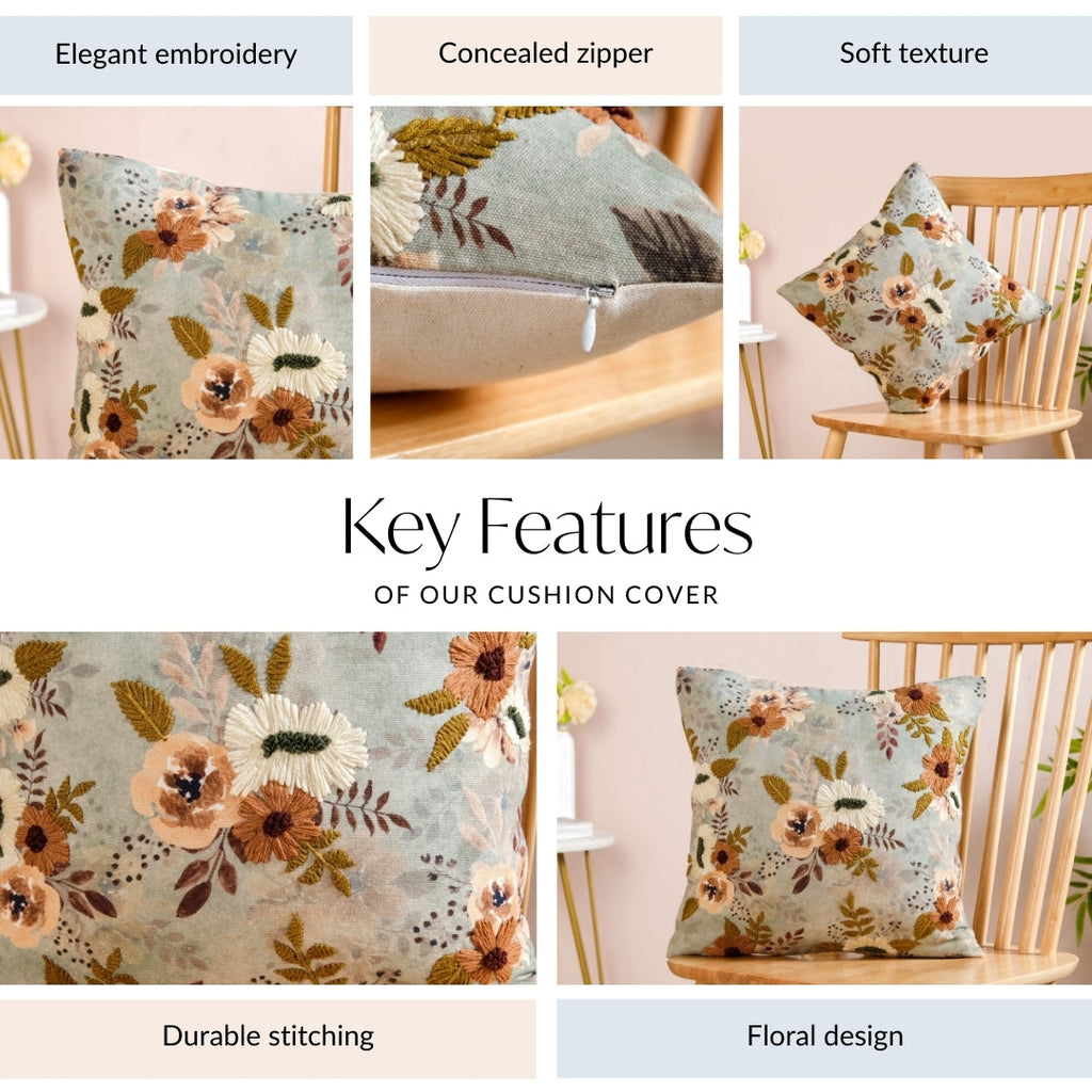 Botanical Breeze Embroidered Cushion Cover 40x40cm Nestasia