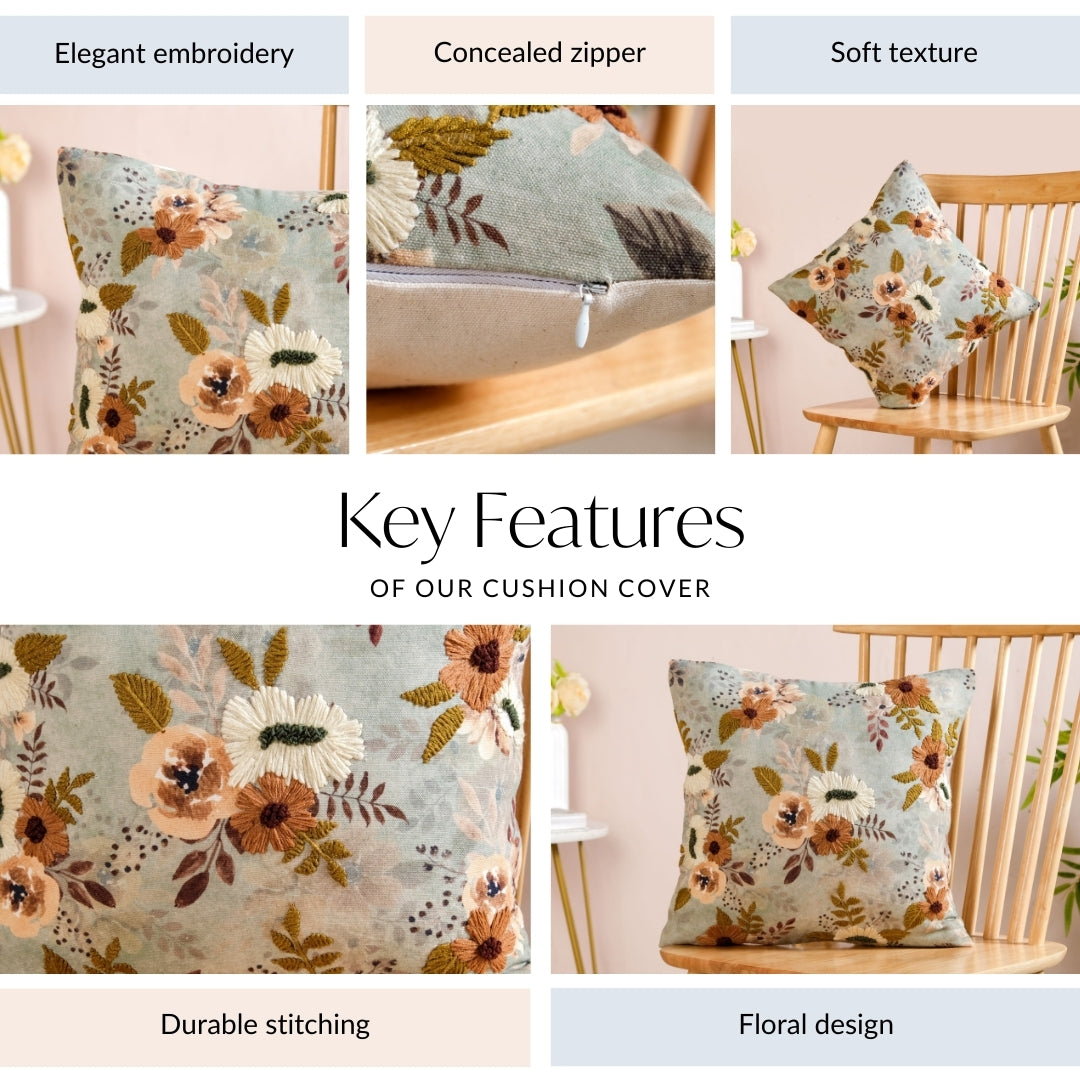 Botanical Breeze Embroidered Cushion Cover 40x40cm Nestasia