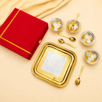 Brass Silver & Gold Finish 4 Bowl & 4 Spoon And 1 Tray Set With Velvet box Vedansh Craft