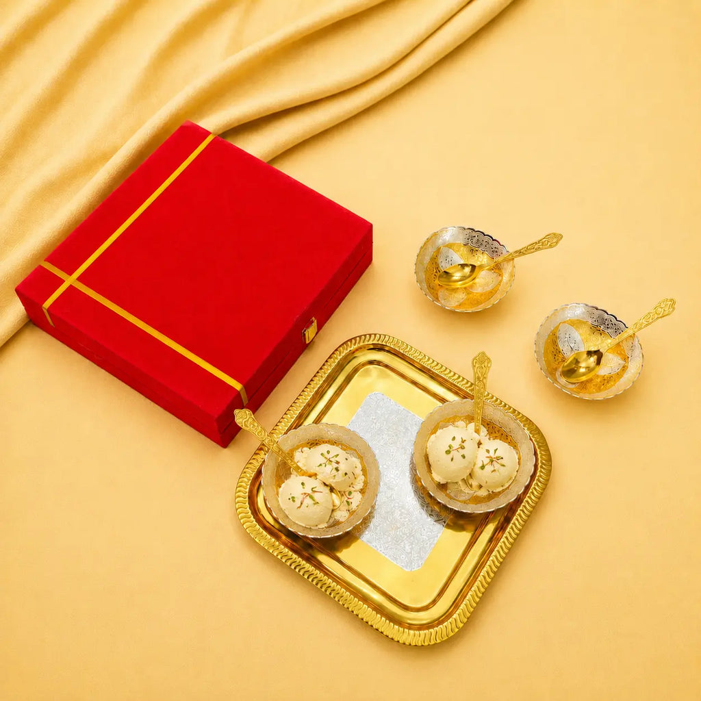 Brass Silver & Gold Finish 4 Bowl & 4 Spoon And 1 Tray Set With Velvet box Vedansh Craft
