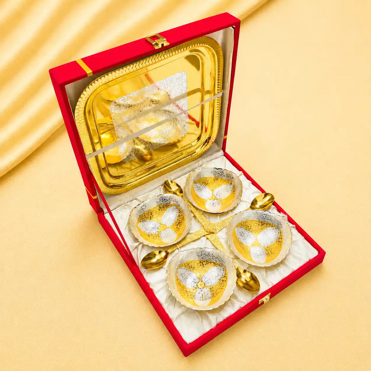 Brass Silver & Gold Finish 4 Bowl & 4 Spoon And 1 Tray Set With Velvet box Vedansh Craft