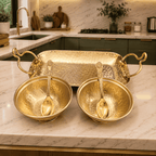 Brass Hammered Serving Tray / Platter With Bowl and Spoon Set With Velvet Box Vedansh Craft