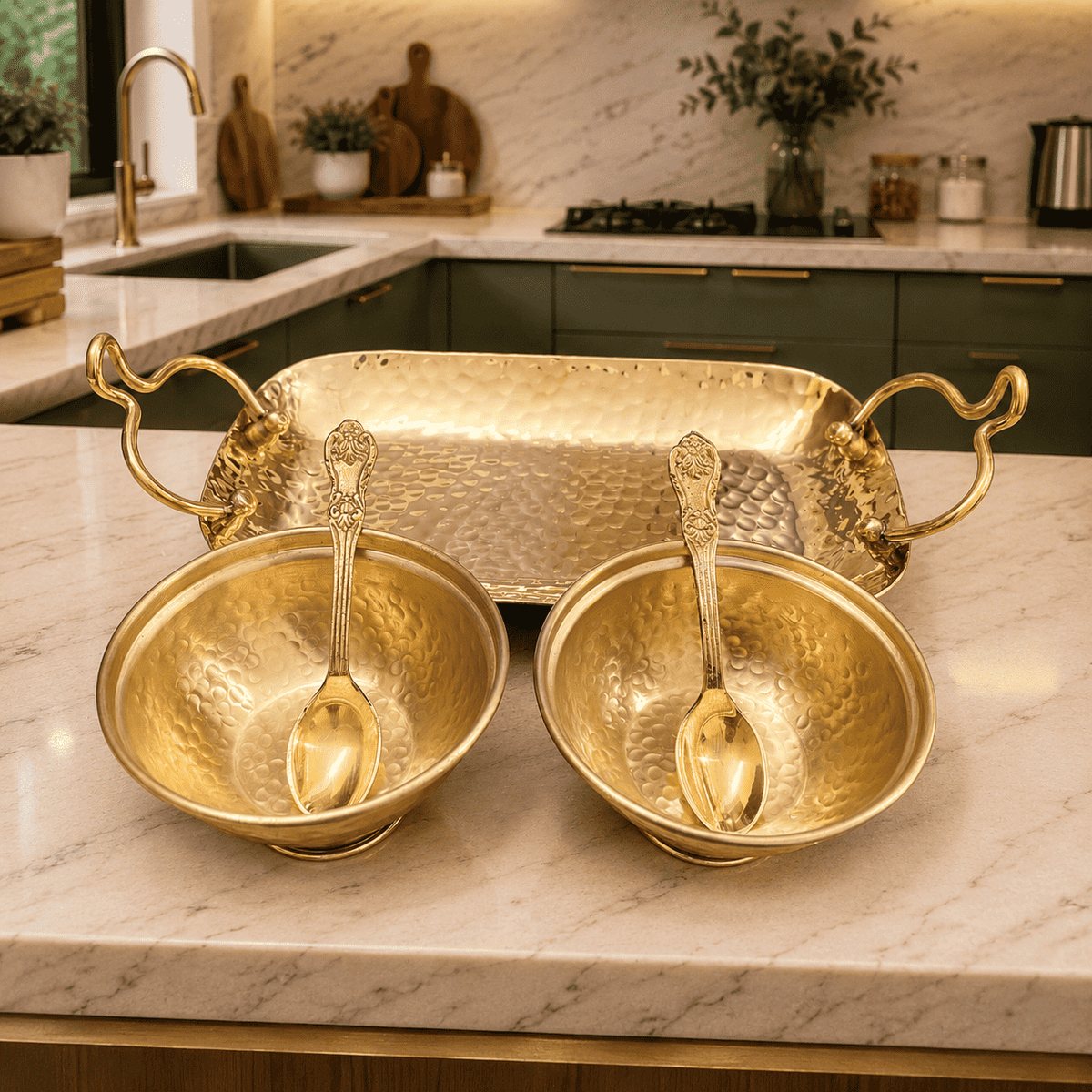 Brass Hammered Serving Tray / Platter With Bowl and Spoon Set With Velvet Box Vedansh Craft