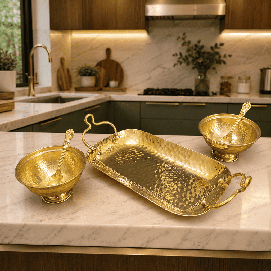 Brass Hammered Serving Tray / Platter With Bowl and Spoon Set With Velvet Box Vedansh Craft