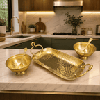 Brass Hammered Serving Tray / Platter With Bowl and Spoon Set With Velvet Box Vedansh Craft