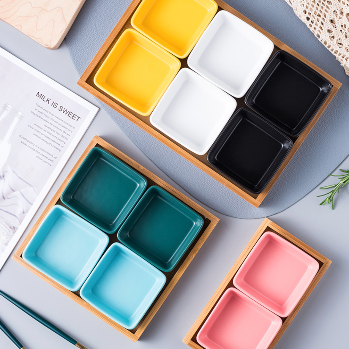 Square Bowls and Wooden Trays Nestasia