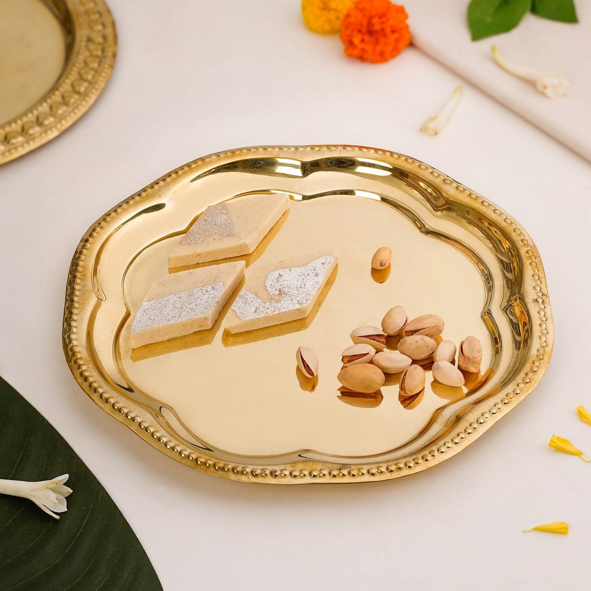 Veda Pure Brass Floral Tray For Festive Decor 24cm Nestasia
