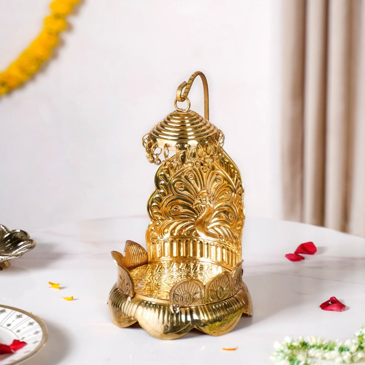 Brass Krishna Singhasan With Lotus And Peacock Embossing Nestasia