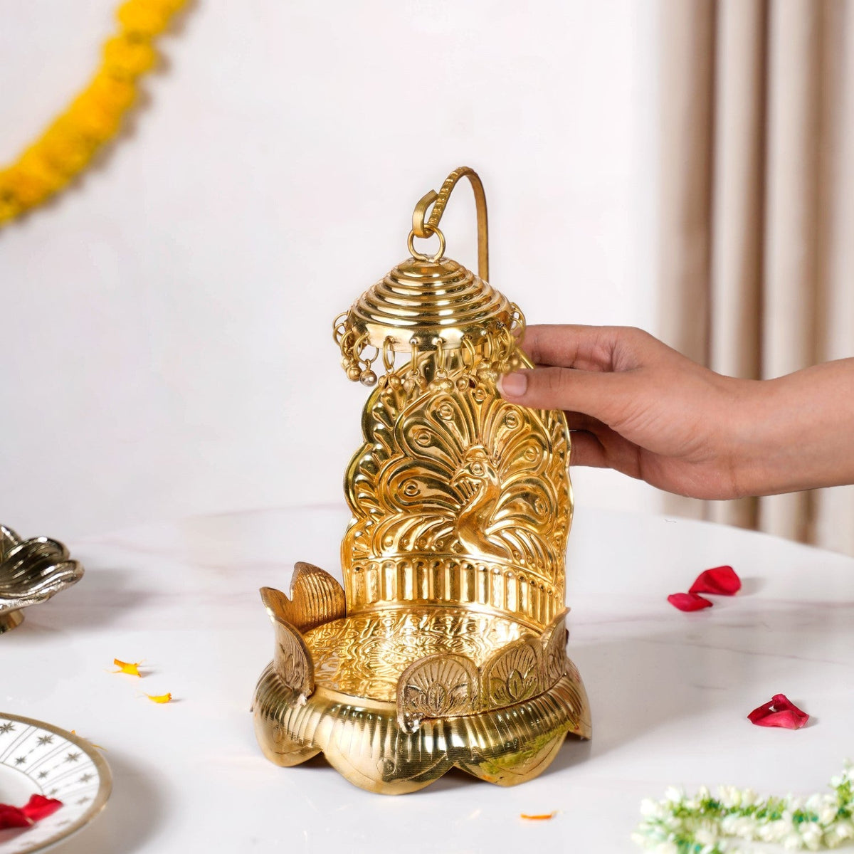 Brass Krishna Singhasan With Lotus And Peacock Embossing Nestasia