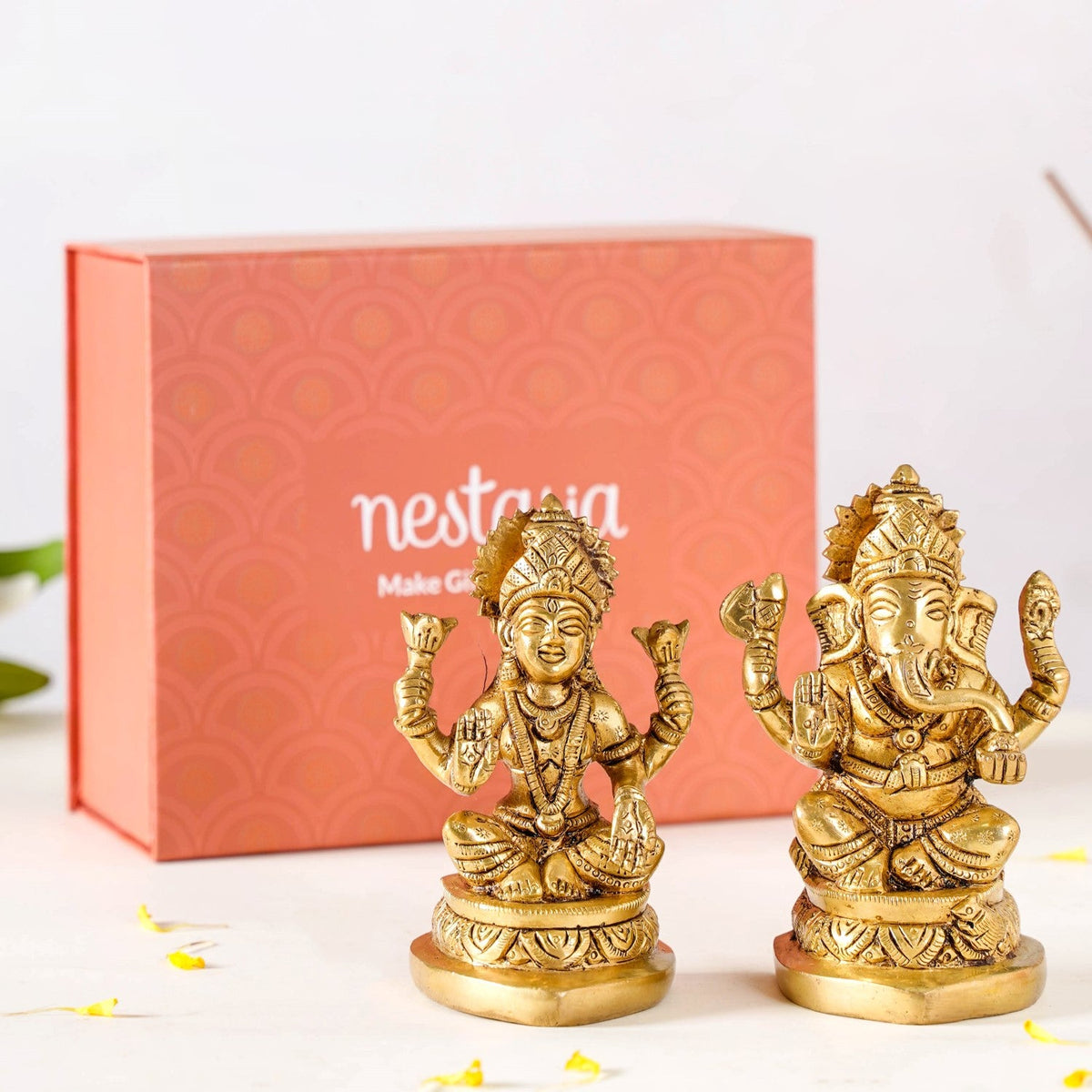 Ganesh Laxmi Pure Brass Statue Set Of 2 11cm Nestasia
