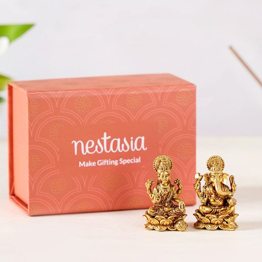 Laxmi And Ganpati Pure Brass Idol Set Of 2 4cm Nestasia