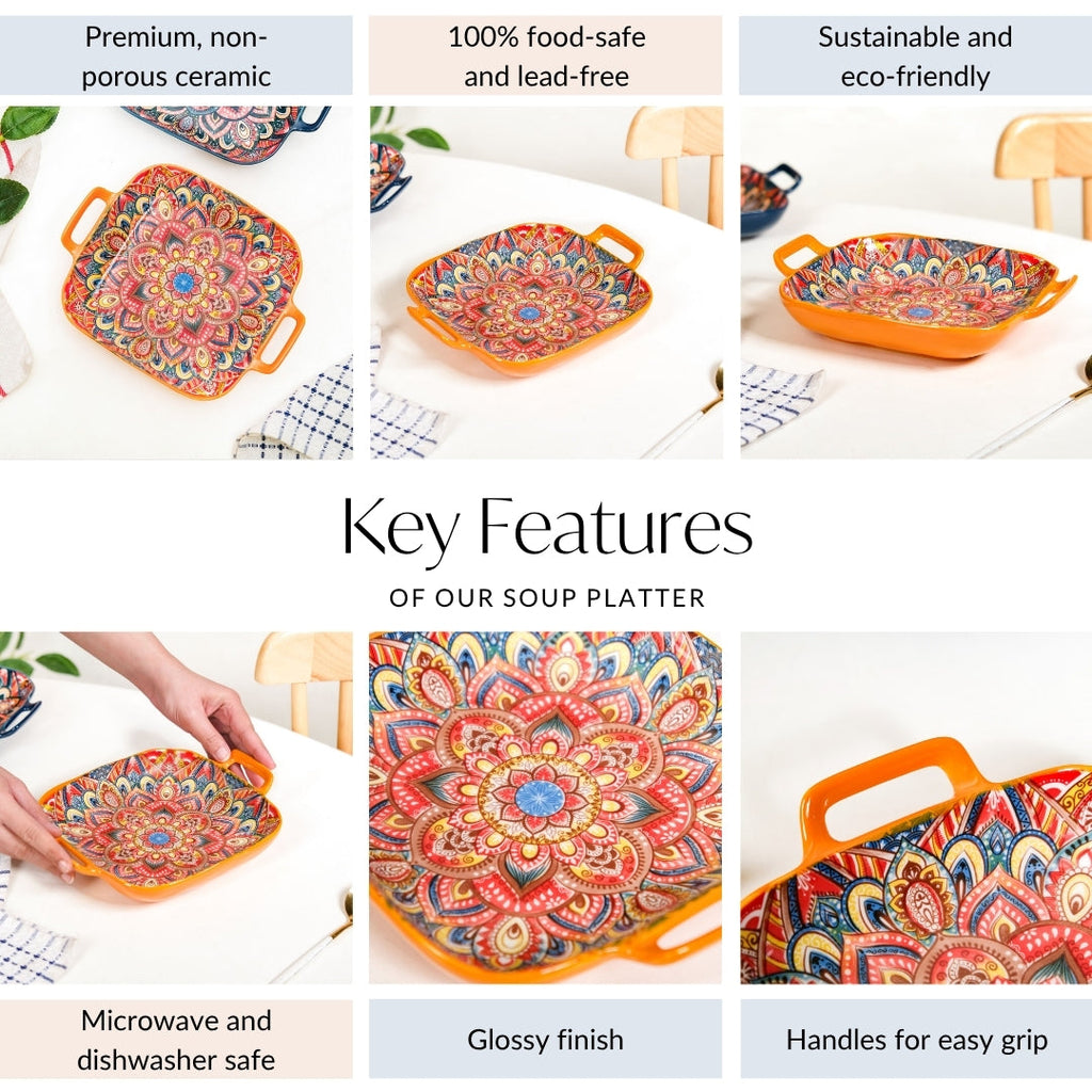 Mandala Melange Square Ceramic Serving Platter Orange Nestasia