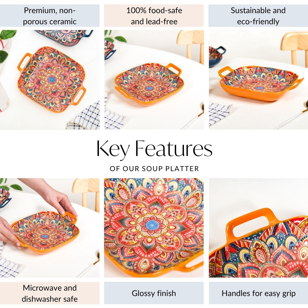 Mandala Melange Square Ceramic Serving Platter Orange Nestasia