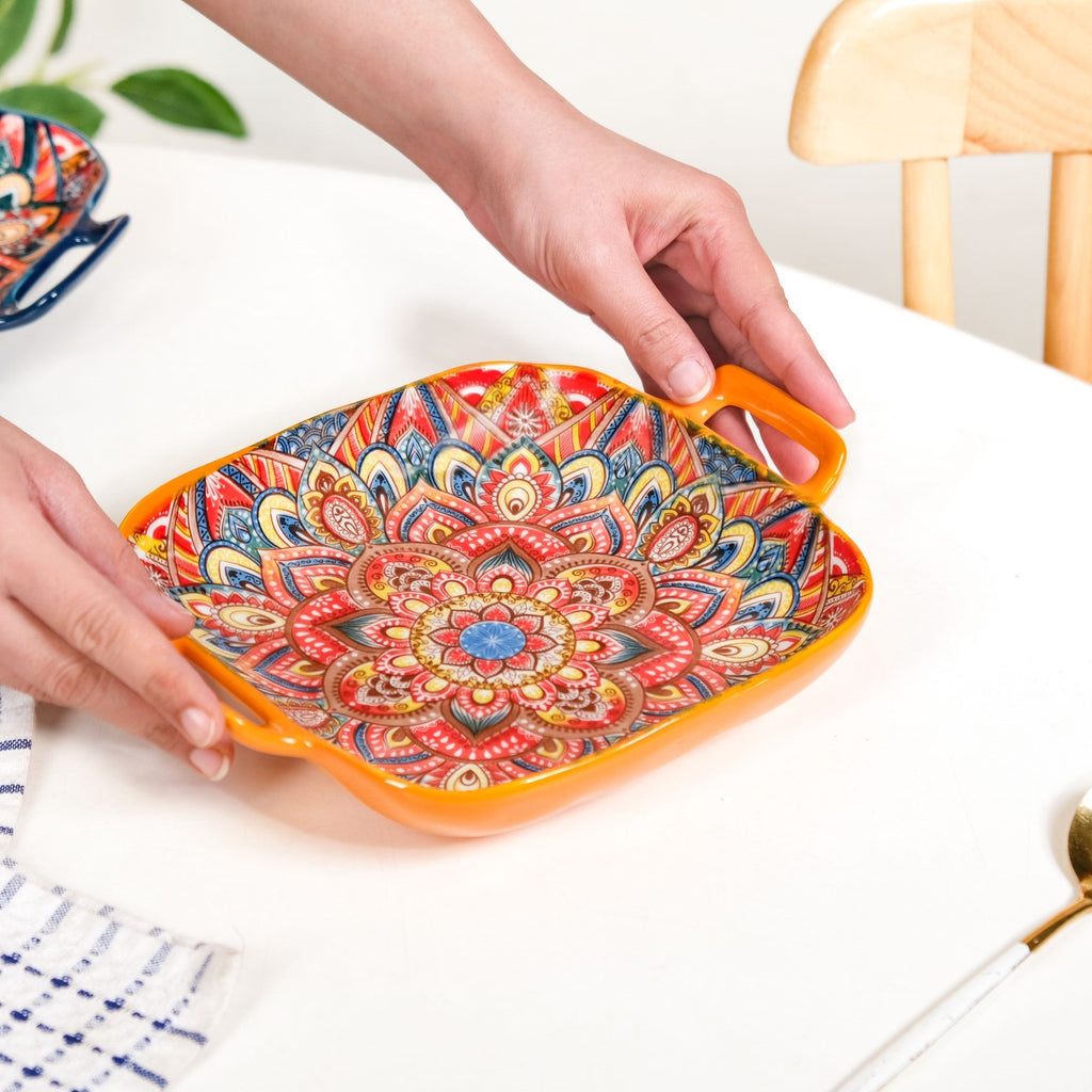 Mandala Melange Square Ceramic Serving Platter Orange Nestasia