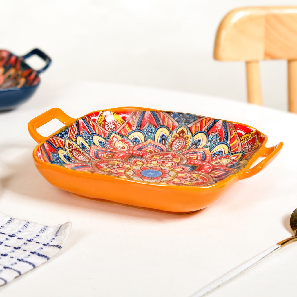 Mandala Melange Square Ceramic Serving Platter Orange Nestasia