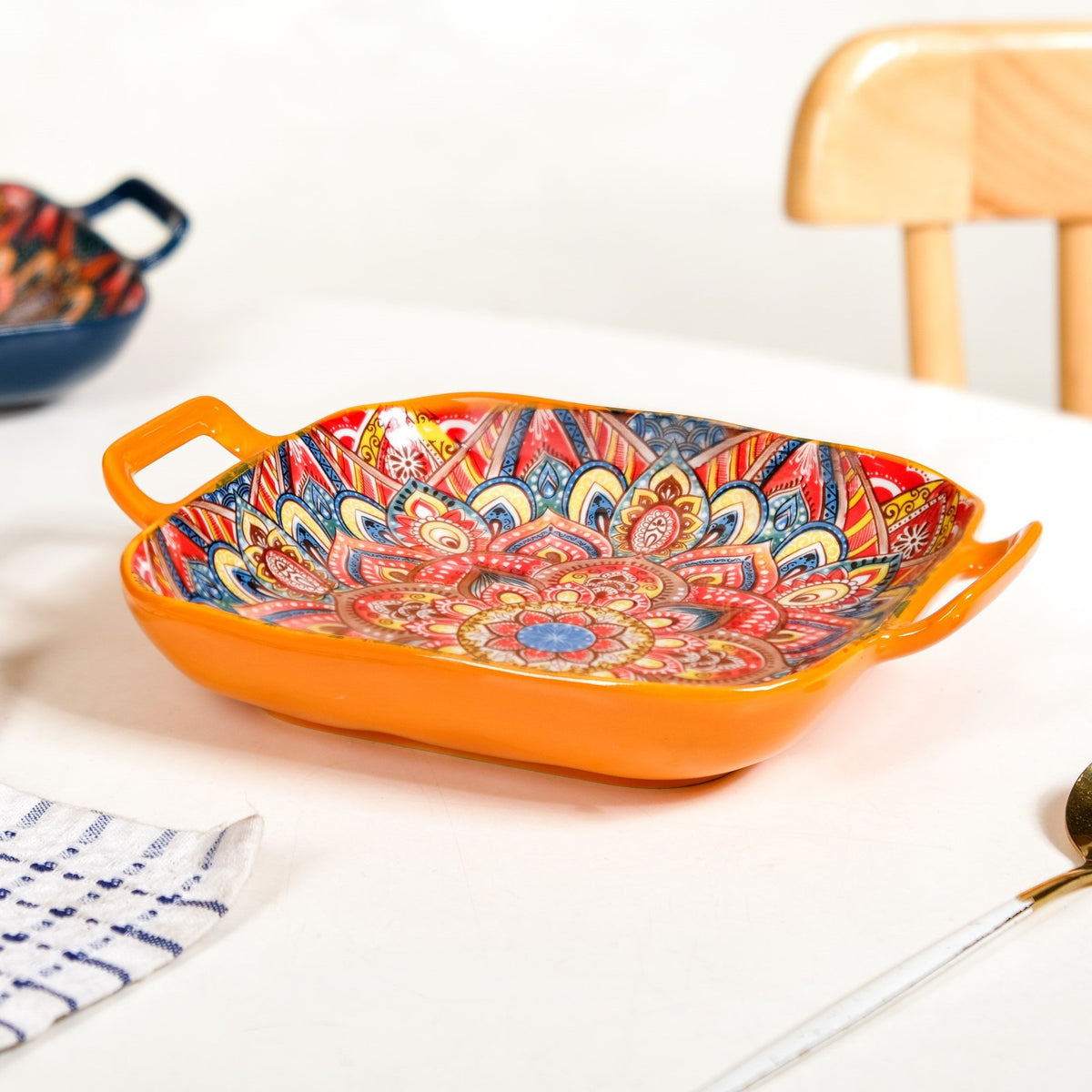 Mandala Melange Square Ceramic Serving Platter Orange Nestasia