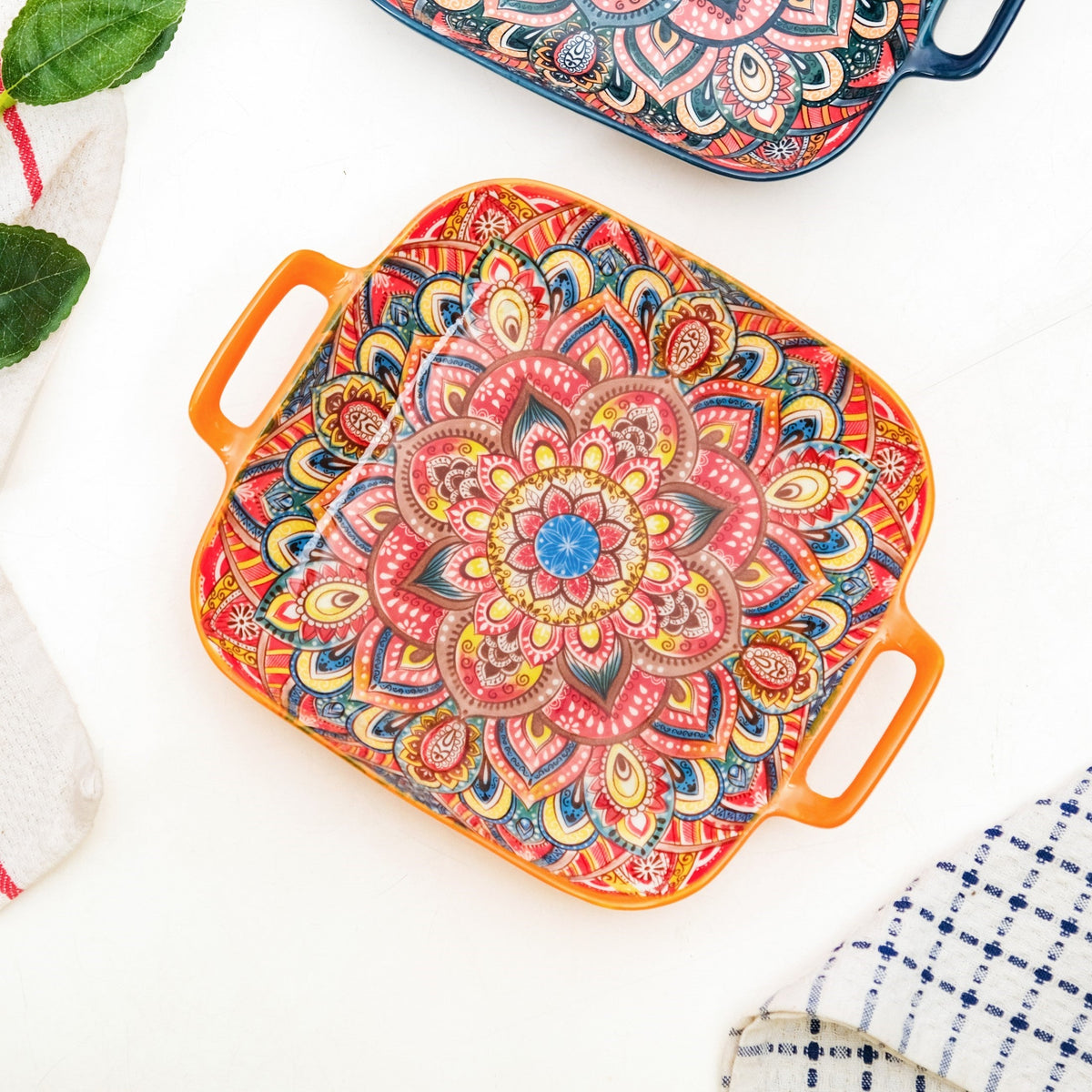 Mandala Melange Square Ceramic Serving Platter Orange Nestasia