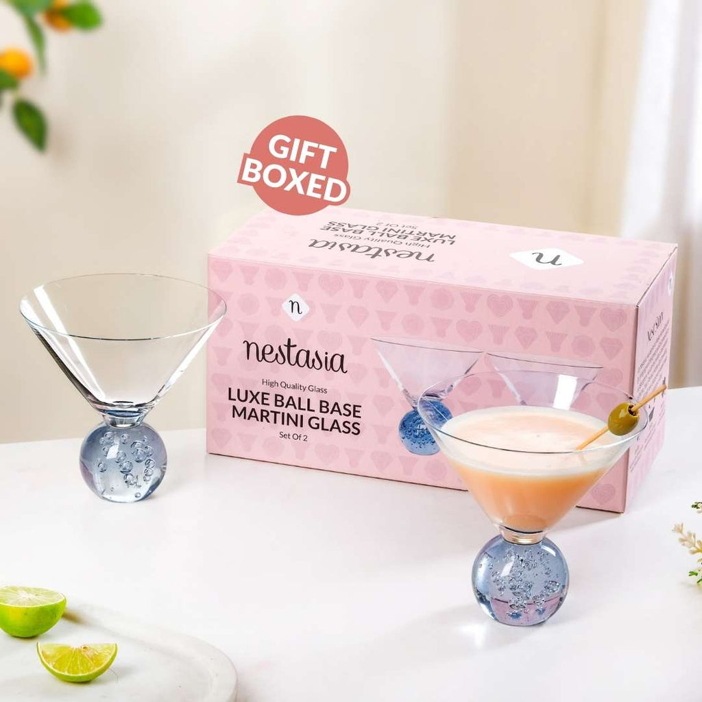 Bubble Base Martini Glass Set Of 2 220ml Blue Nestasia