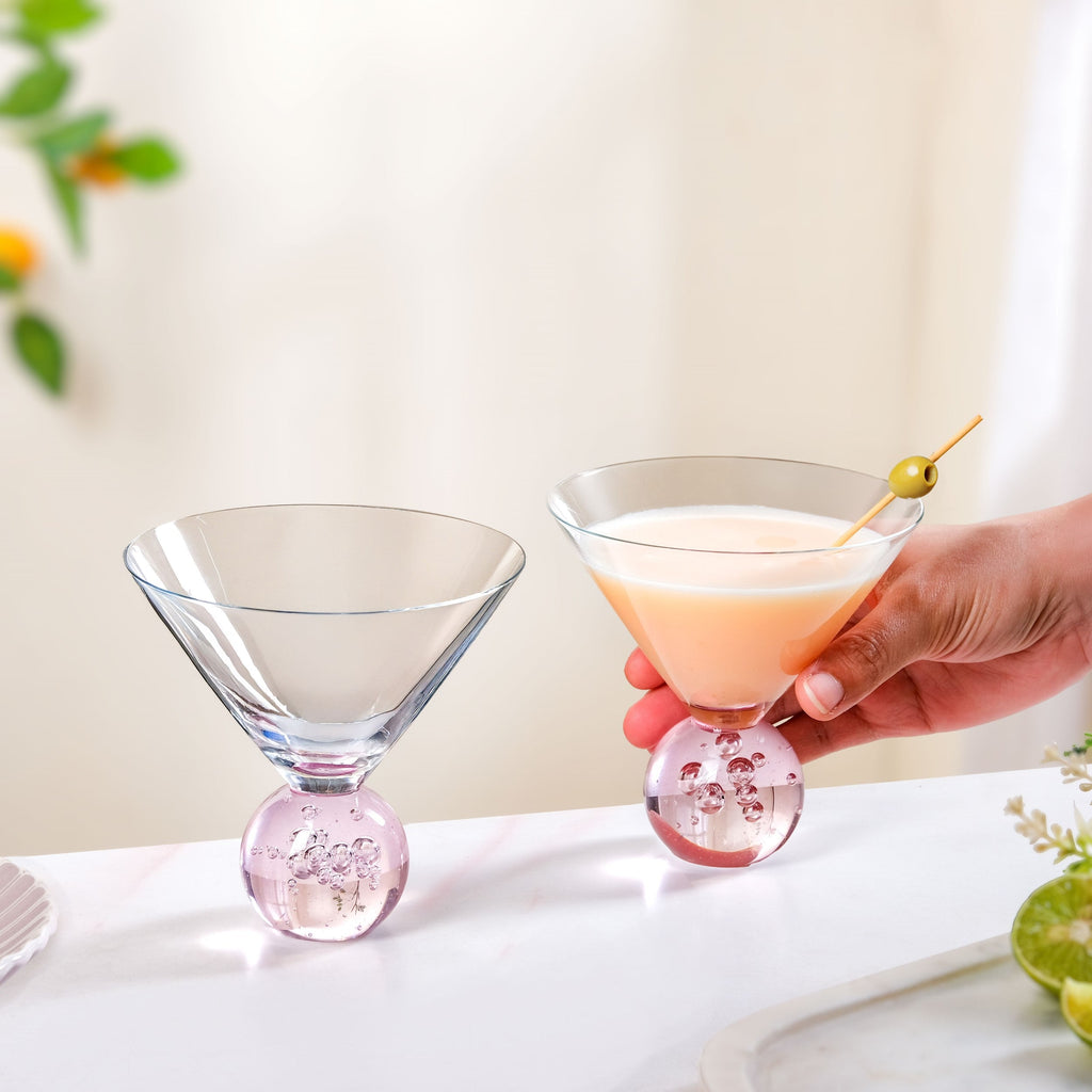 Bubble Base Martini Glass Set Of 2 220ml Pink Nestasia