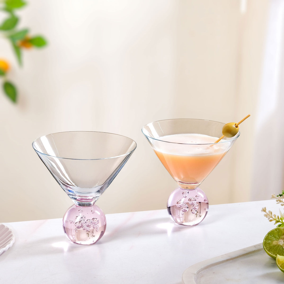 Bubble Base Martini Glass Set Of 2 220ml Pink Nestasia