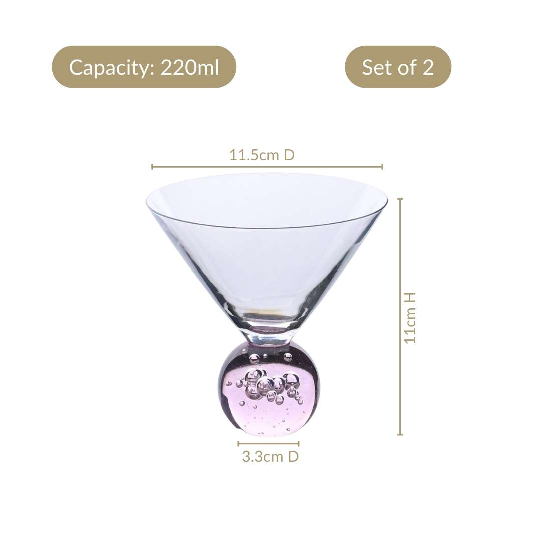 Bubble Base Martini Glass Set Of 2 220ml Pink Nestasia