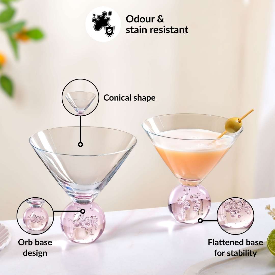 Bubble Base Martini Glass Set Of 2 220ml Pink Nestasia