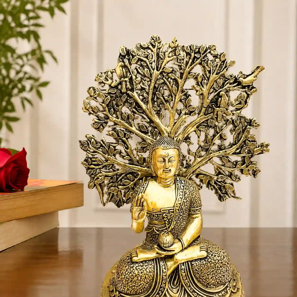 Brass Lightweight Buddha Statue With Tree (6.5 Inch) Vedansh Craft