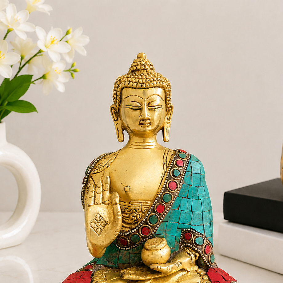 Brass Stone Work Blessing Sitting Buddha Statue Vedansh Craft