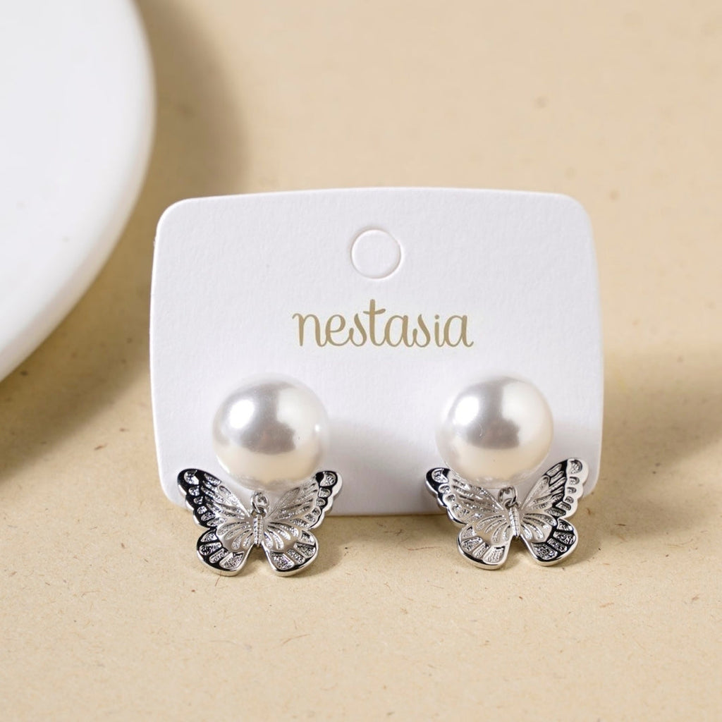 Butterfly Charm Pearl Stud Earrings Nestasia