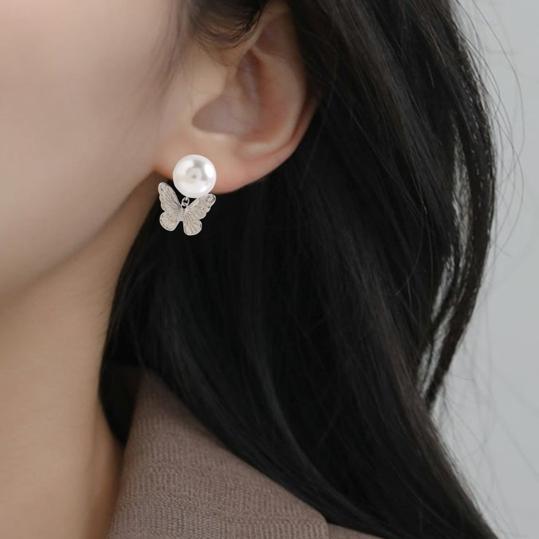 Butterfly Charm Pearl Stud Earrings Nestasia