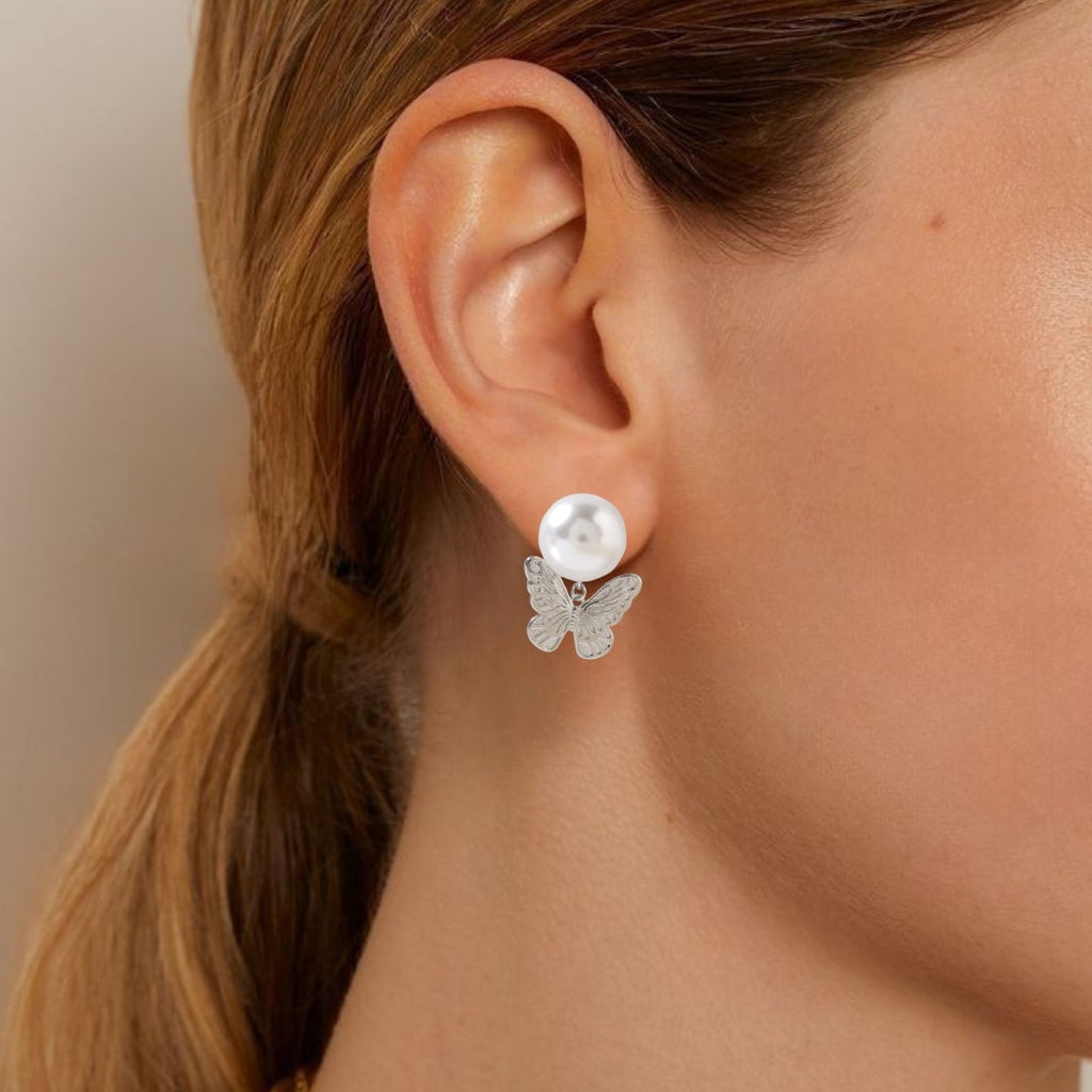 Butterfly Charm Pearl Stud Earrings Nestasia