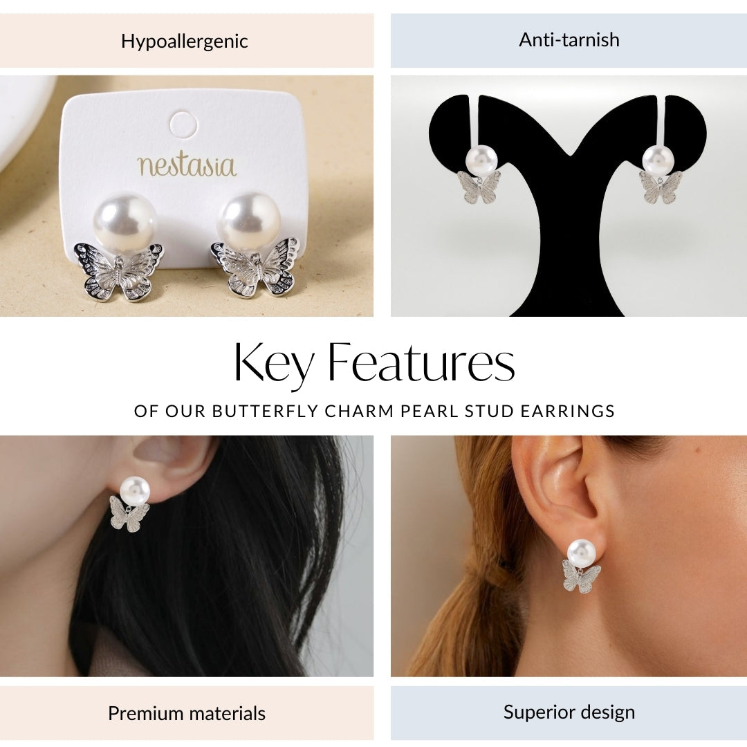 Butterfly Charm Pearl Stud Earrings Nestasia