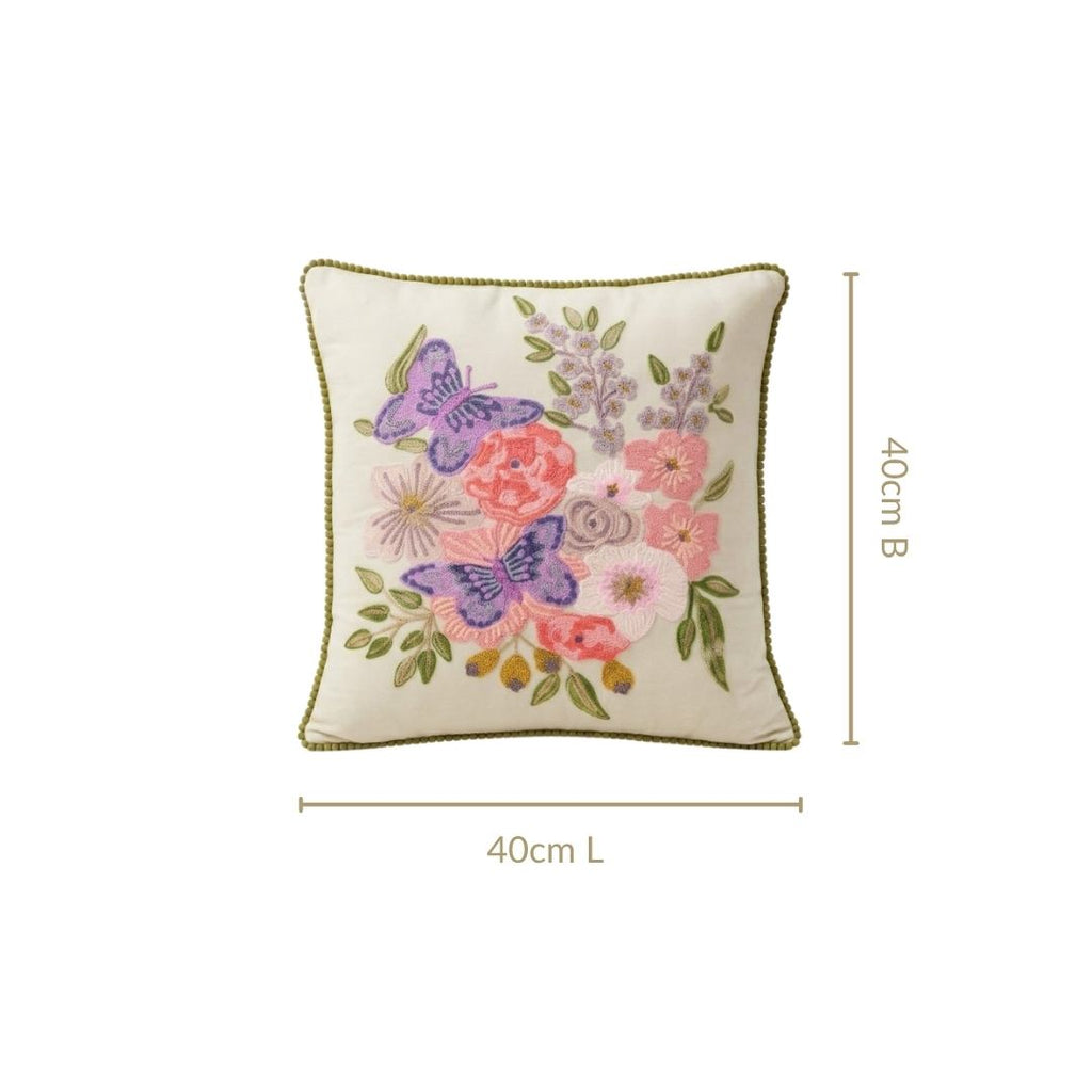 Butterfly Meadow Cotton Embroidered Cushion Cover 40x40cm Nestasia