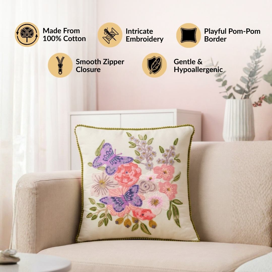 Butterfly Meadow Cotton Embroidered Cushion Cover 40x40cm Nestasia