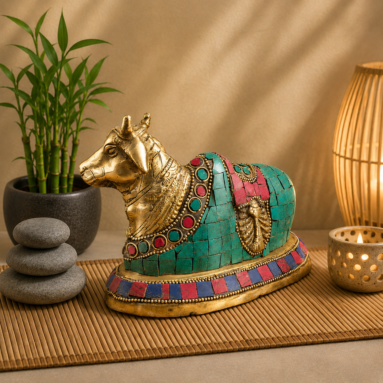 Brass Stone Work Sitting Nandi Idol (4.5 Inch) Vedansh Craft