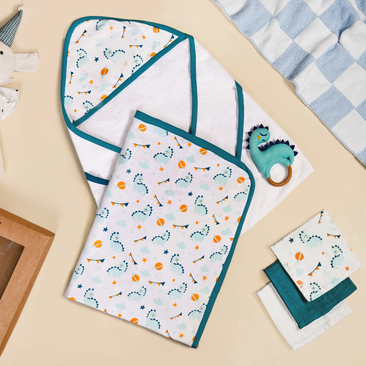 Baby Dino Gift Hamper With Towel Swaddle Napkin Rattle Set Of 6 Nestasia