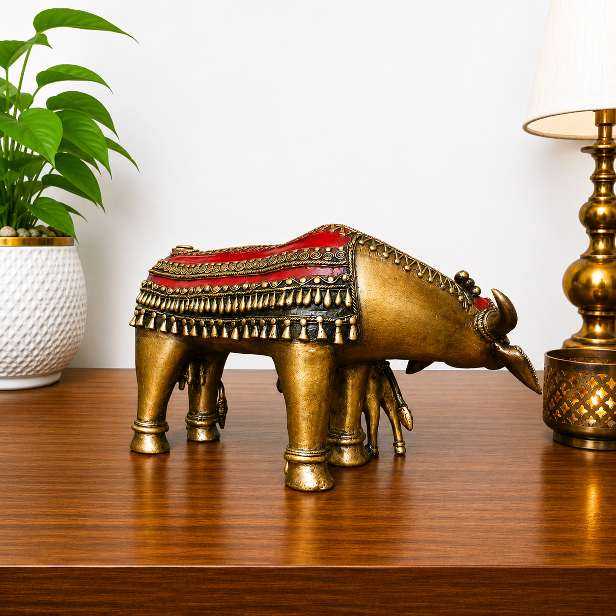 Brass Dhokra Kamdhenu Cow with Calf Statue (7 Inch) Vedansh Craft