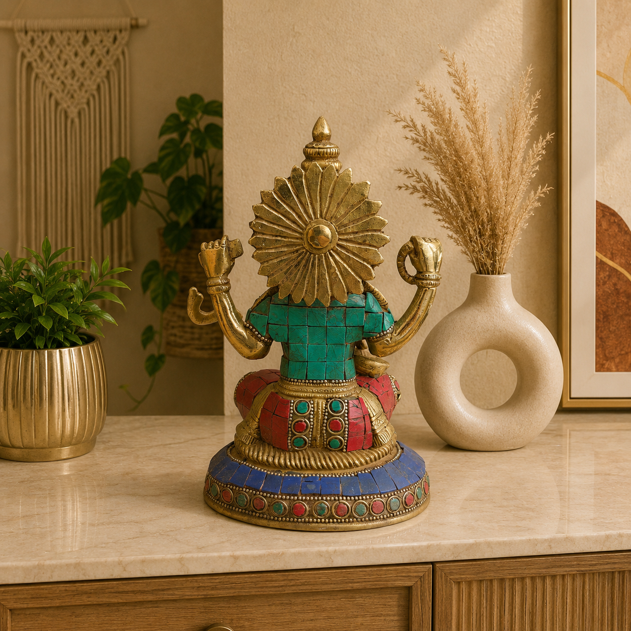 Brass Stone Work Goddess Sitting Saraswati Idol (7.5 Inch) Vedansh Craft