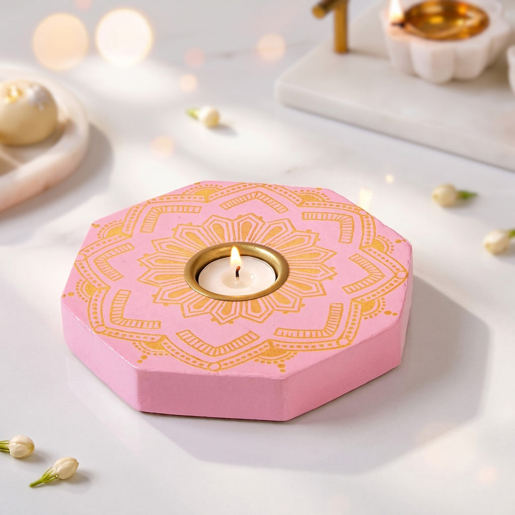 Lumia Octagona Handpainted Tealight Holder With Tealight Pink Nestasia
