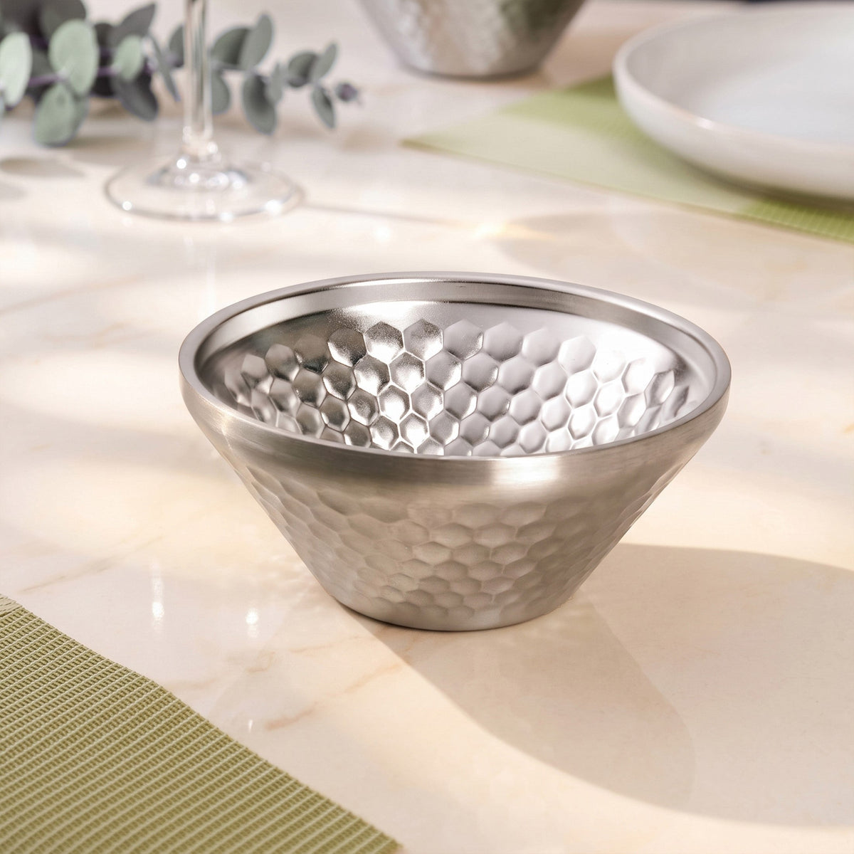 Matte Stainless Steel Honeycomb Double Wall Snack Bowl Silver 460ml Nestasia