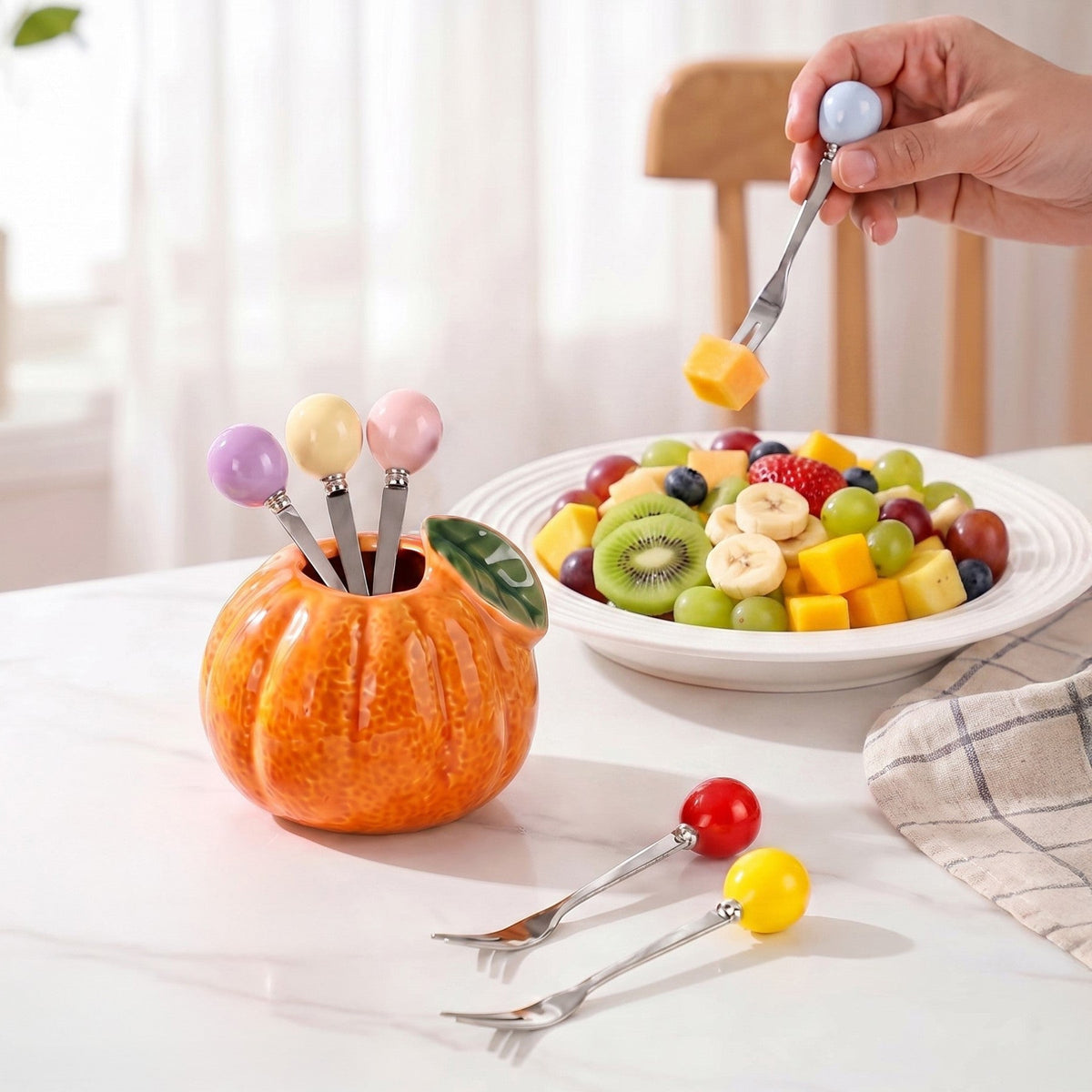 Orange Fruit Fork Set With Ceramic Holder Set Of 7 Nestasia