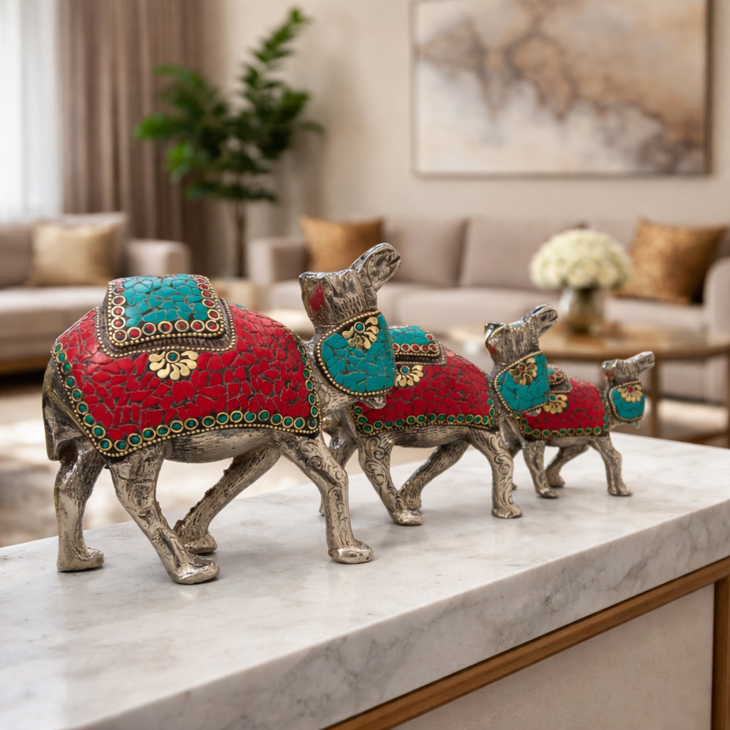 Brass Silver Plated Camal Statue With Stone Work Set of Three (6 Inch) Vedansh Craft