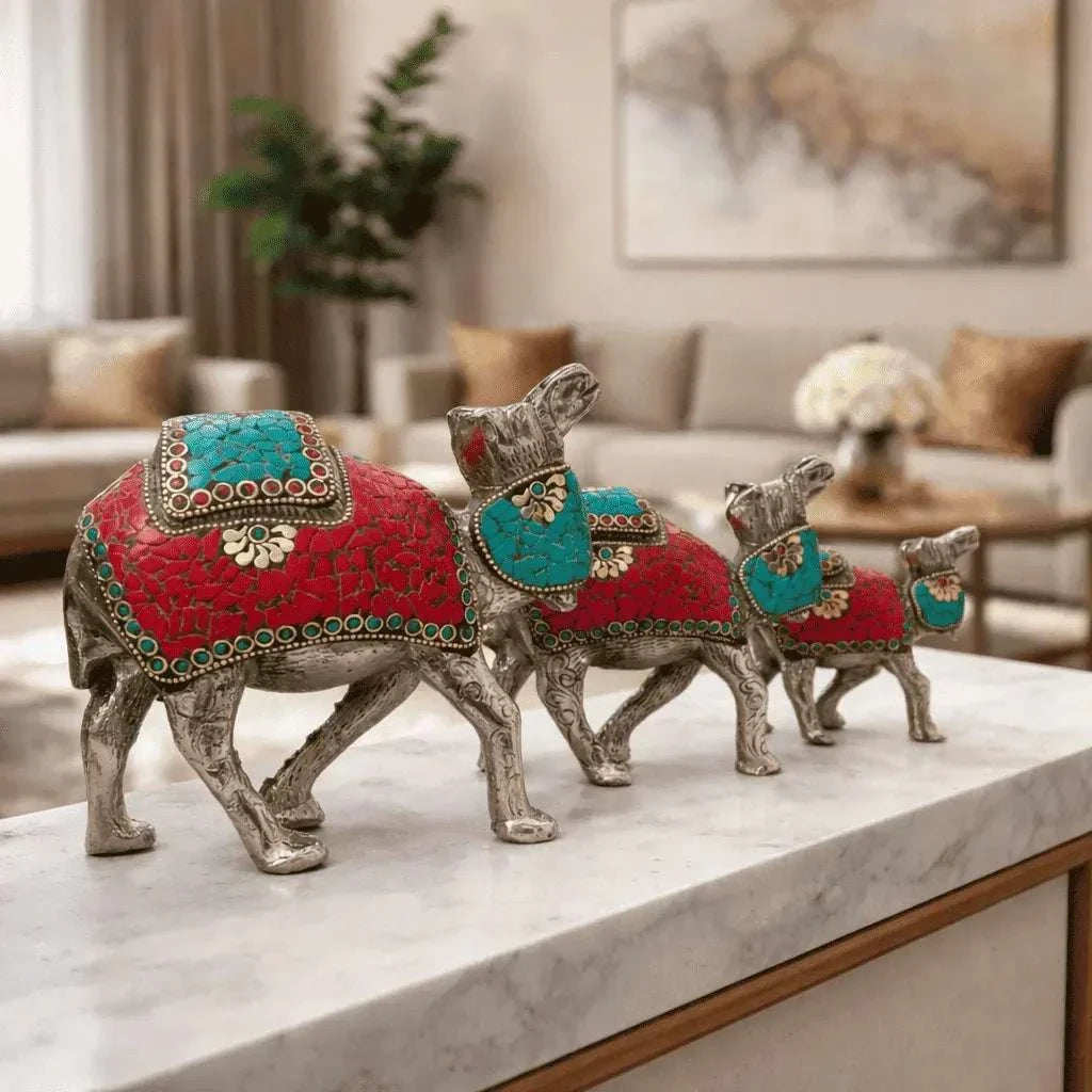 Brass Silver Plated Camal Statue With Stone Work Set of Three (6 Inch) Vedansh Craft