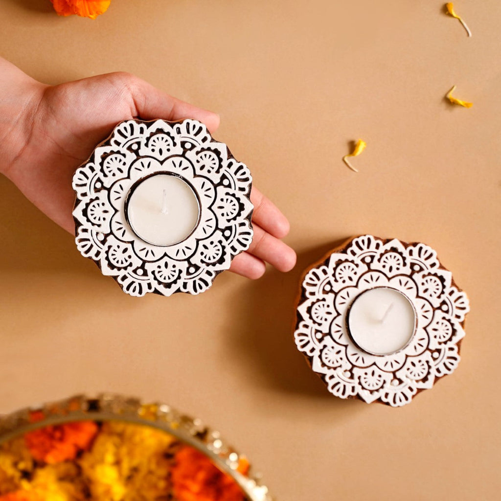 Handmade Floral Mandala Tea Light Holder Set Of 2 Nestasia