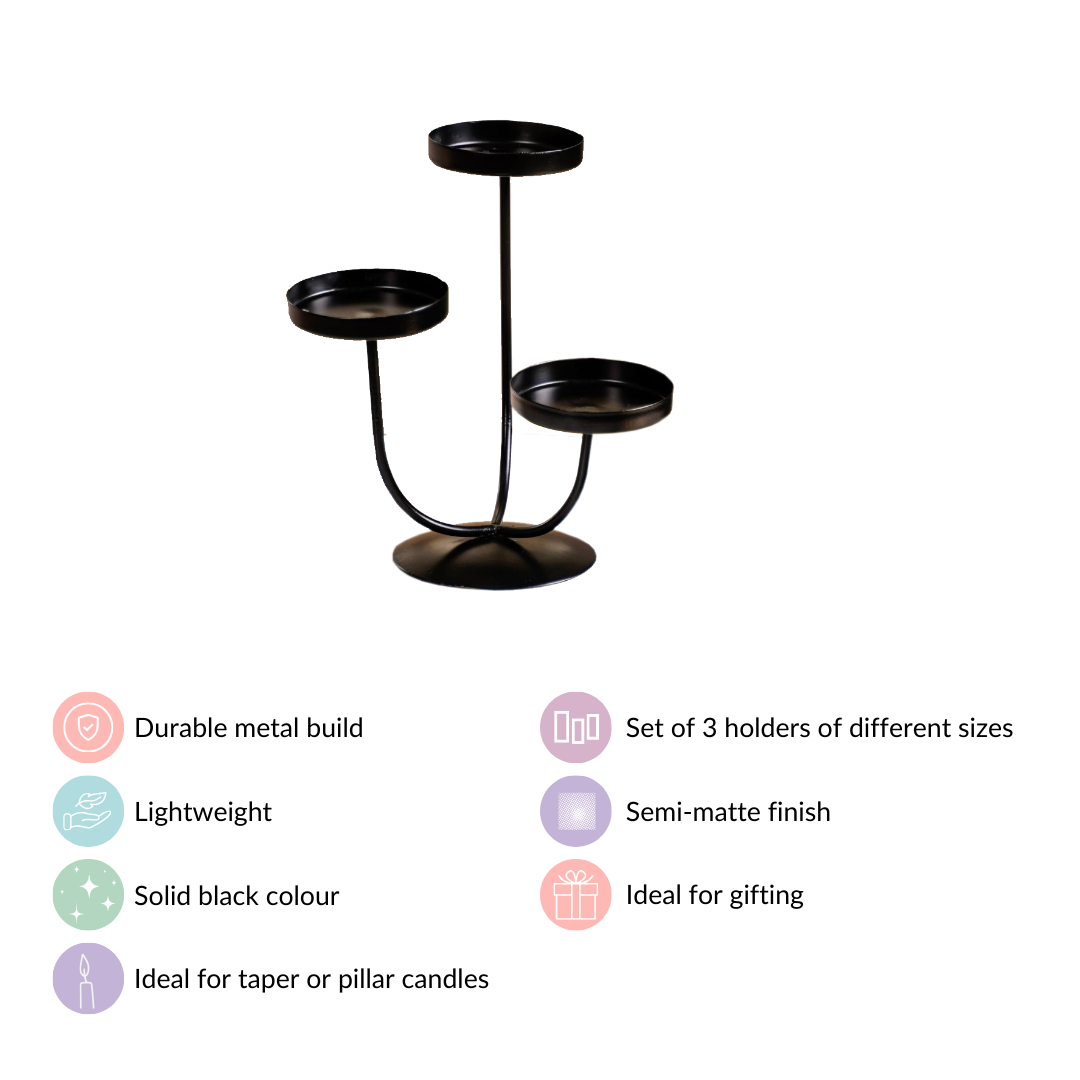 3 Arm Metal Candle Stand Black Nestasia
